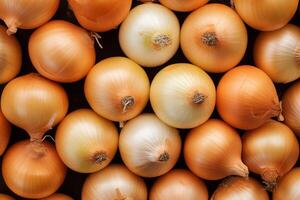 A pile of fresh onion form the background, shown from above photo