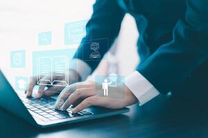 Online education, students can learn and earn a degree via virtual courses on a laptop, using digital tutorials and apps, showcasing the modern concept of distance learning powered by technology. photo
