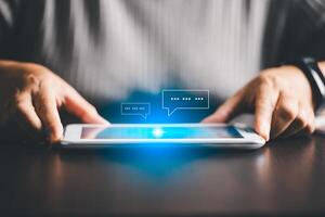 Digital tablets facilitate chat-based communication and online messaging services, playing crucial role in network marketing, business strategies, and modern technology concepts on web. chat, message. photo