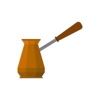 turkish coffee pot flat design illustration. coffee cezve illustration. Classic copper cezve with wooden handle equipment for cooking aromatic beverage vector