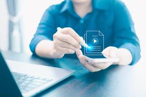 Online education, students can learn and earn a degree via virtual courses on a laptop, using digital tutorials and apps, showcasing the modern concept of distance learning powered by technology. photo