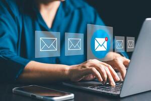 Cyberspace, businesses use electronic mail to reach clients, leveraging online networks and social media for effective marketing and communication through computers. electronic mail, cyberspace. photo