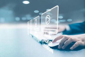 Student can learn through digital education by taking online courses and virtual training, embodying the modern concept of a library without walls. learn, library, digital, education, online, course. photo