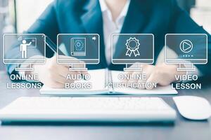 Student can learn through digital education by taking online courses and virtual training, embodying the modern concept of a library without walls. learn, library, digital, education, online, course. photo