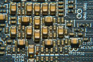 a close up of a computer motherboard with many different types of components photo