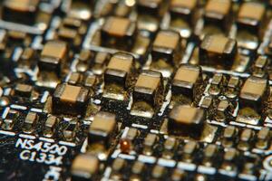 close up of a circuit board with many electronic components photo
