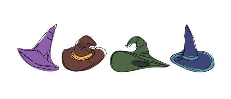 Set collection of witch hat, wizard hat. Editable line and colored. Graphic illustration. vector