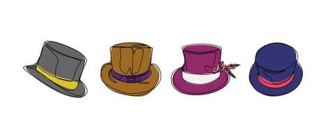 Set collection of top hat, magician cap. Editable line and colored. Graphic illustration. vector