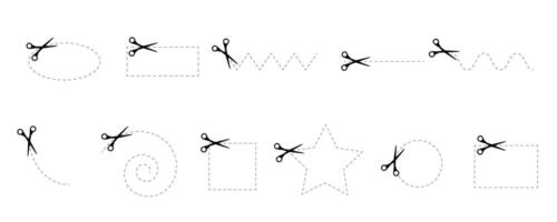 Scissors icons with dotted lines path set. Cut here pictogram for coupons, vouchers, labels, paper pages. Simple graphic stock illustration isolated on white background. vector