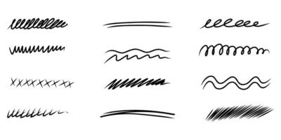 Hand drawn doodle line set. Highlight underline strike through. Pen stroke line template. illustration isolated on white background. vector