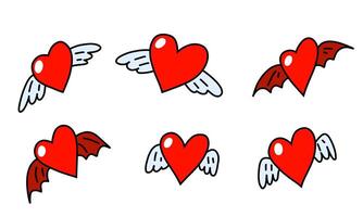 Heart with wings. Winged hearts. Wings of angel, devil, imp. Red sticker with an outline. Stock cartoon flat illustration on a white background. vector