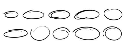 Hand drawn ovals and circles frame set. Ovals of different widths. Highlight circle frames. Ellipses in doodle style. Stock illustration isolated on white background. vector