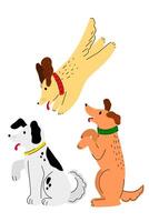 Cartoon dog set with different poses and emotions. Playing, sitting, running pet. Dog face expressions. Puppy in simple cute style. illustration isolated. vector