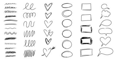 Highlight oval frames, heart, rectangle, speech bubble, hand drawn underlines lines. Hand drawn scribble doodle circle set. Ellipses line template. illustration isolated on white background. vector