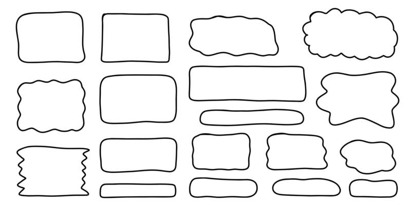 Hand drawn Rectangle frame set. Doodle wavy curve deformed textured frames. Border sketch. illustration isolated on a white background.