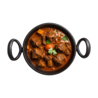 Hearty Mutton Curry in a Bowl on an Iron Pan Isolated on a Transparent Background. Mutton Curry Isolated on a Transparent Background png