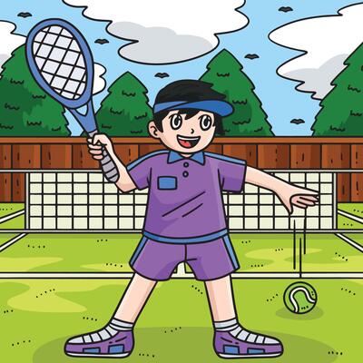 Tennis Player Dribbling the Ball Colored Cartoon