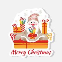 Sticker with cute gnome sitting on gift box. Colorful design for social media communication, networking, website badges, greeting cards. vector