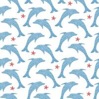 Seamless pattern with dolphins and sea star, starfiish design in children's drawn style, for fabric, wallpaper, packaging paper and more. vector
