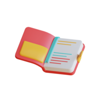 3D illustration of an open book with a bookmark and pen, isolated on a transparent background. png
