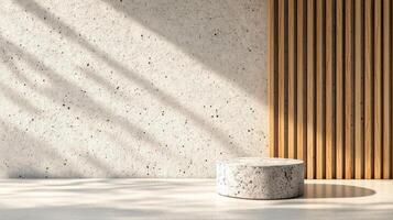 Modern minimalist interior with concrete seating and wooden wall slats in daylight photo