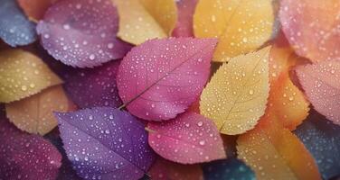 Colorful autumn leaves with raindrops on a blurred background in soft lighting photo