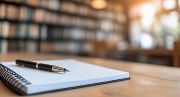 A pen resting on a blank notebook in a cozy library during the afternoon photo