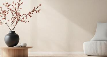 Elegant black vase with flowering branches and white candle on a wooden surface by natural light photo