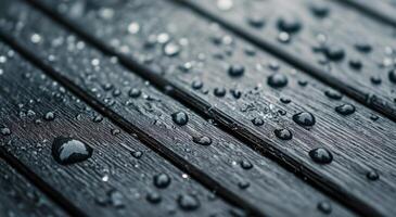 Water droplets on textured wooden surface after rain photo