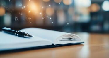 A pen resting on a blank notebook in a cozy library during the afternoon photo