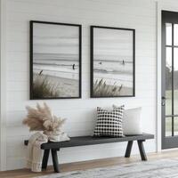 Modern interior featuring coastal artwork and plaid pillows in a serene living space photo
