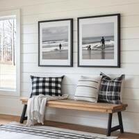 Modern interior featuring coastal artwork and plaid pillows in a serene living space photo