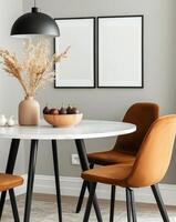 Modern dining area with circular table, stylish chairs, and abstract wall art photo