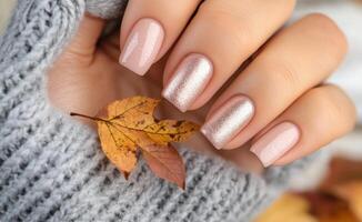 Elegant autumn manicure with leaf accents on hand against cozy sweater background photo