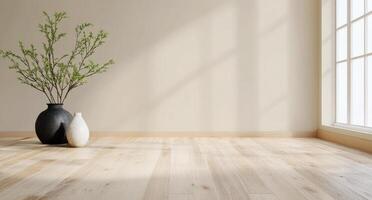 Elegant black vase with flowering branches and white candle on a wooden surface by natural light photo