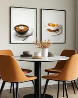 Modern dining table setting with decorative vase and minimalist decor in well-lit room photo