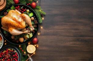 Thanksgiving turkey served with side dishes on a wooden table decorated for the holidays photo