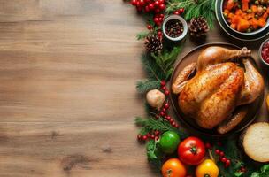 Thanksgiving turkey served with side dishes on a wooden table decorated for the holidays photo
