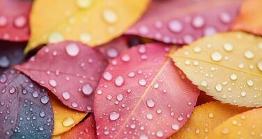 Colorful wet leaves with raindrops in vibrant hues during a rainy day photo
