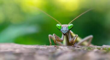 Close-up of a vibrant praying mantis on a green leaf during sunny daylight photo
