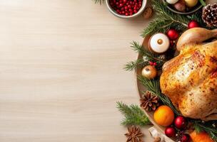 Thanksgiving turkey served with side dishes on a wooden table decorated for the holidays photo