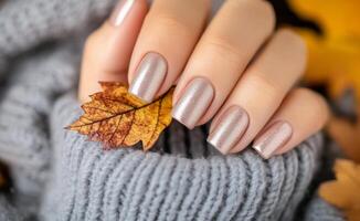Elegant autumn manicure with leaf accents on hand against cozy sweater background photo