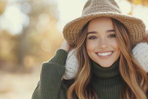 Young woman in a brown sweater and hat poses cheerfully in an autumn park setting photo