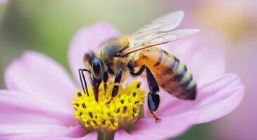 Honeybee pollinating a vibrant pink flower in a sunny garden setting photo