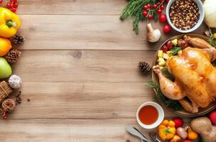 Thanksgiving turkey served with side dishes on a wooden table decorated for the holidays photo