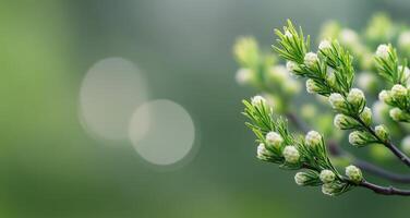 Fresh spring buds on a green branch with soft bokeh background photo