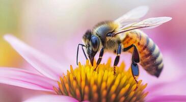 Honeybee pollinating a vibrant pink flower in a sunny garden setting photo