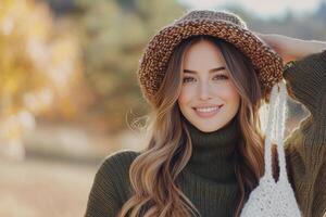 Young woman in a brown sweater and hat poses cheerfully in an autumn park setting photo