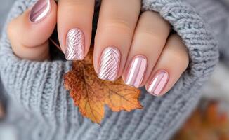 Elegant autumn manicure with leaf accents on hand against cozy sweater background photo