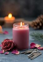 Soft candlelight with scattered rose petals and vintage keys during twilight hours photo